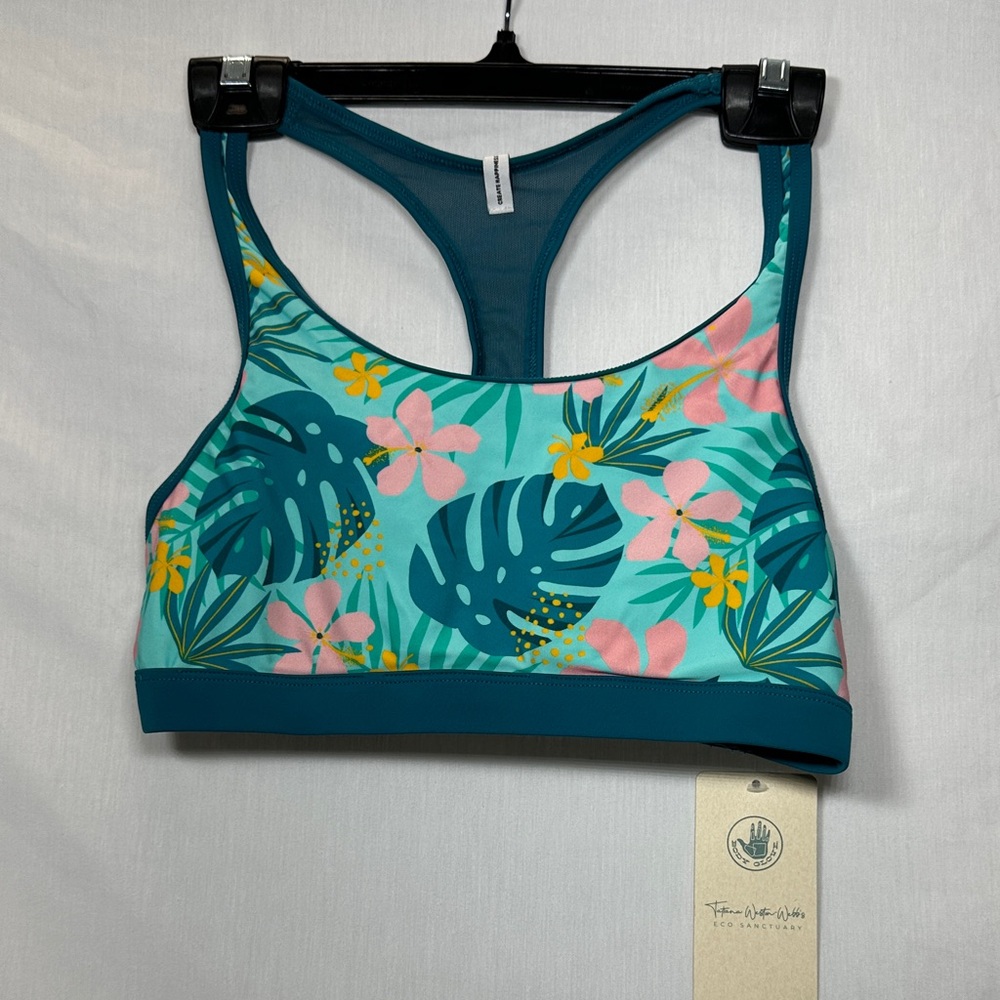 Body Glove Tropical Print Sports Bra - Teal and Pink